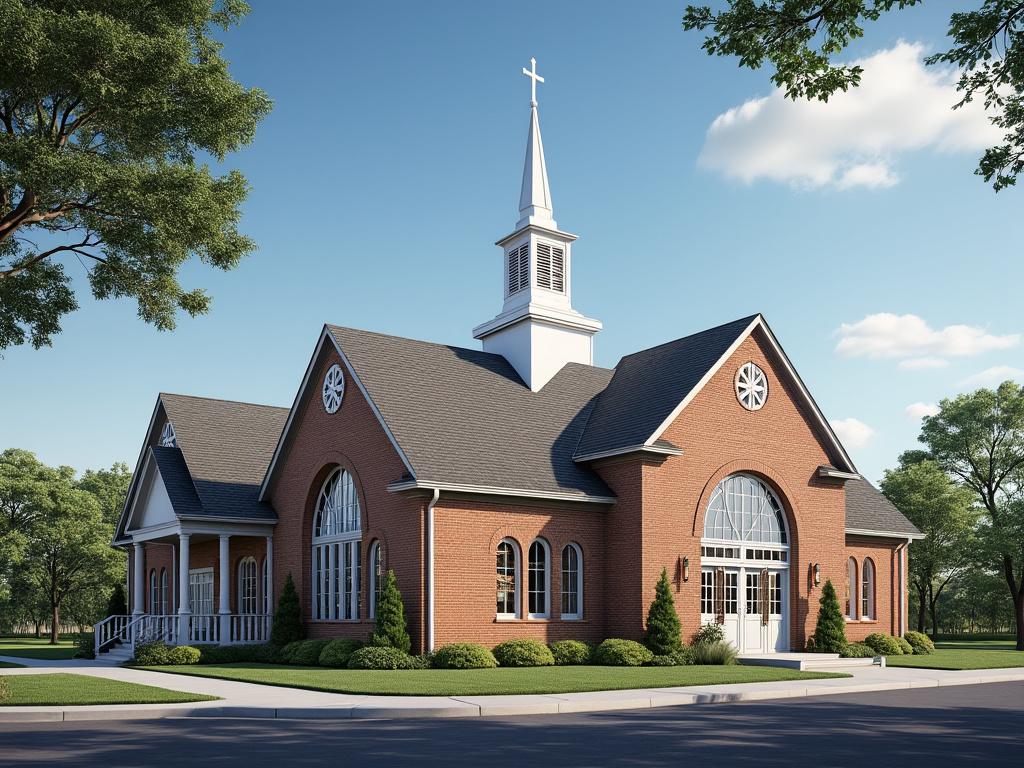 Brick church with steeple and arched windows surrounded by trees on a sunny day
