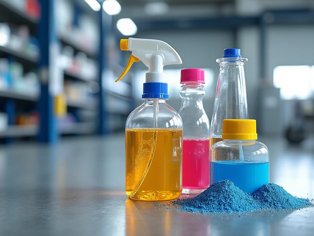 Botellas de plástico con líquidos de colores y montones de polvo azul sobre una mesa en un laboratorio moderno.