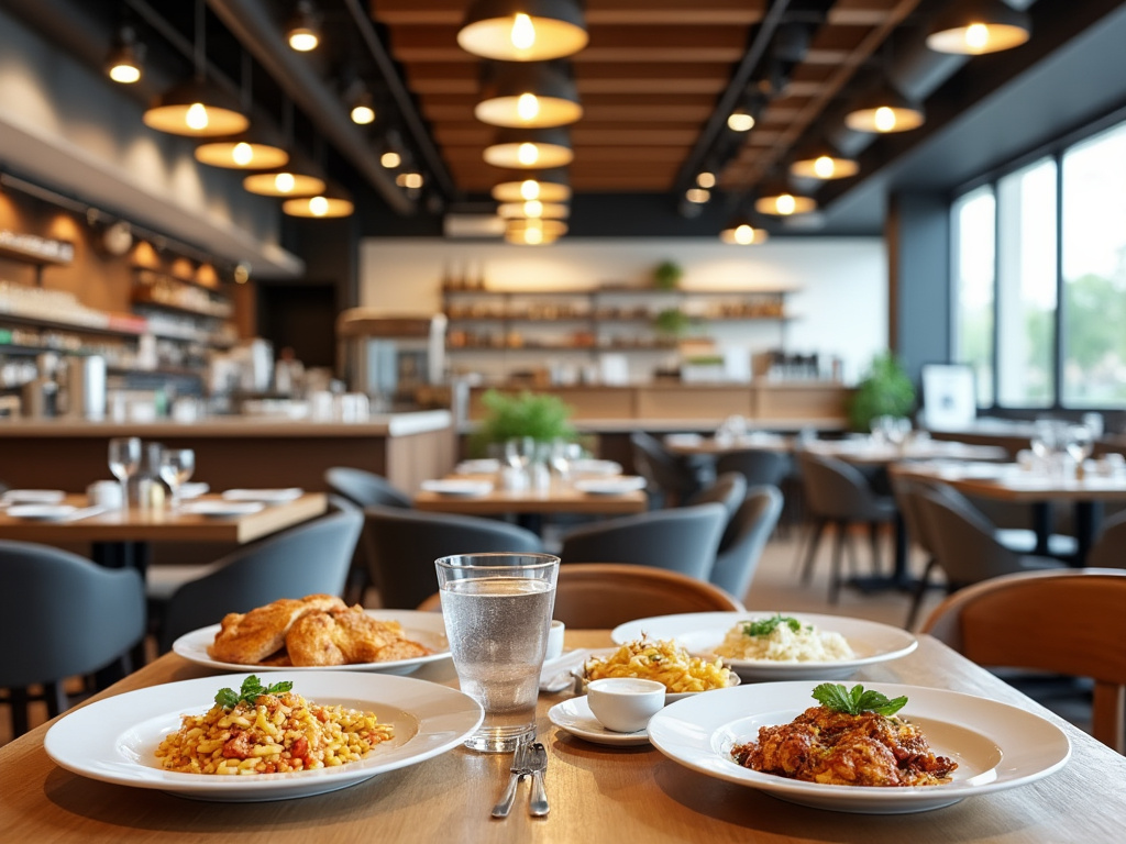 Mesa de restaurante elegante con platos de comida variada, incluido arroz y pasta, en un ambiente moderno y bien iluminado.