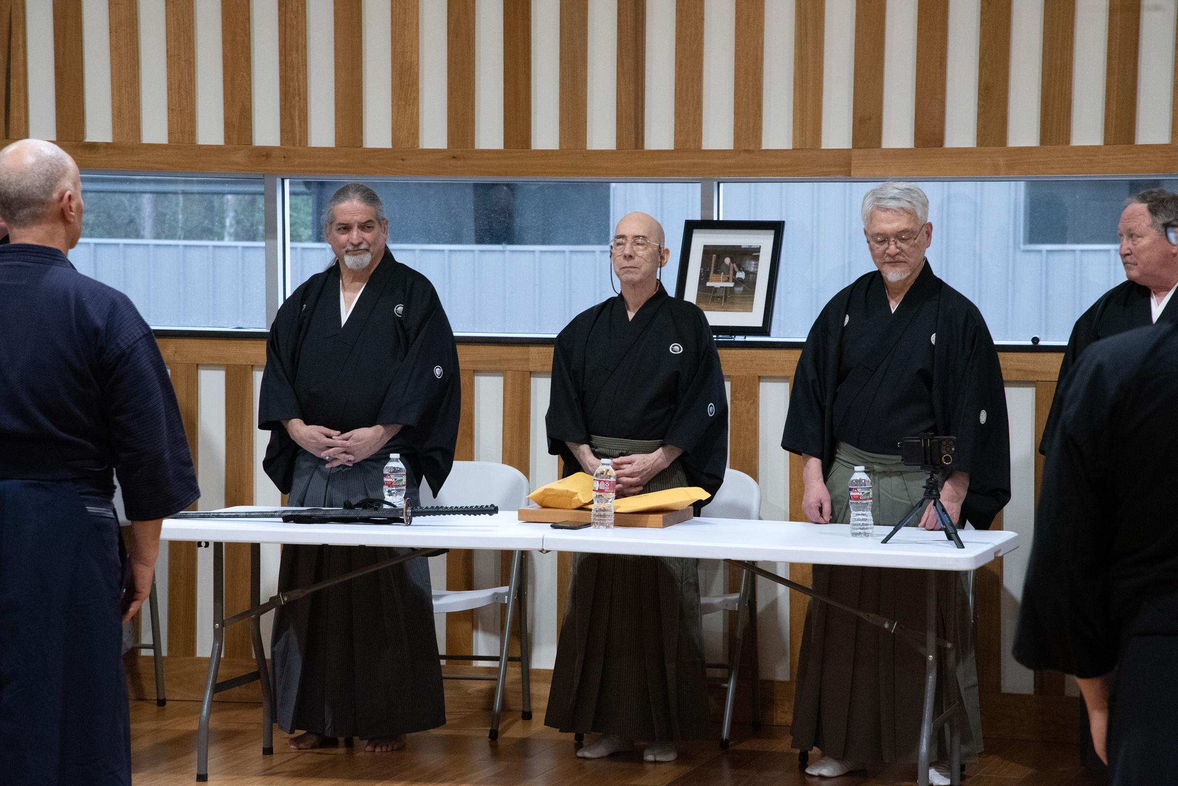 Nomura Sensei with Guy Power Sensei (founder of Kenshinkan Dojo) and Dave Drawdy Sensei of the International Battodo Federation.