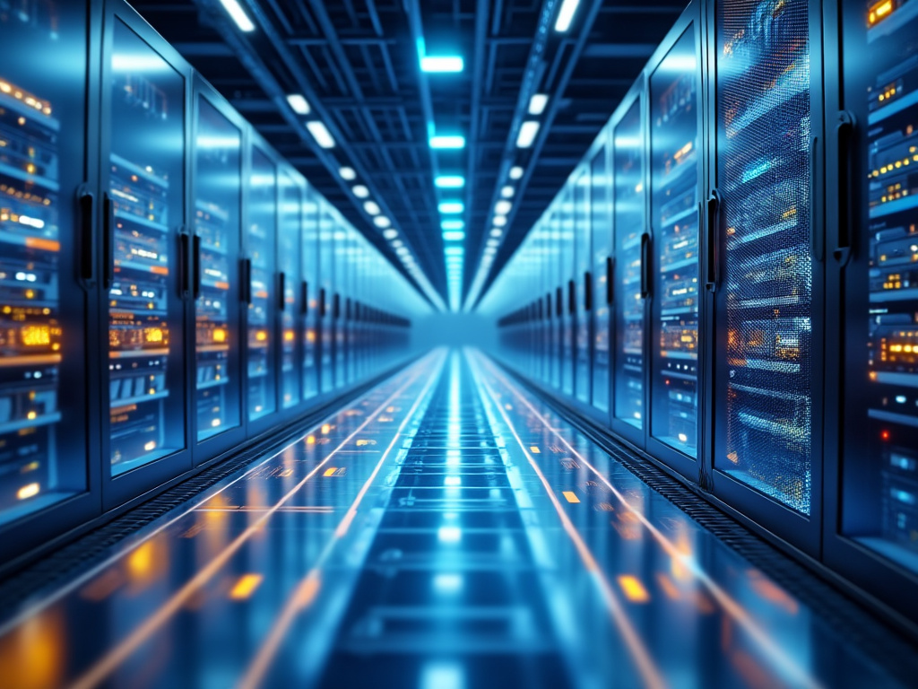 Futuristic data center corridor with glowing server racks and reflective floor