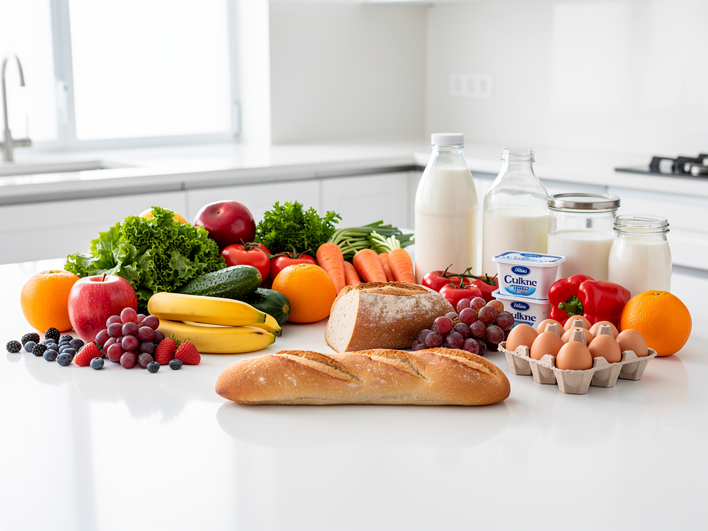 Alimentos frescos en cocina moderna: frutas, verduras, pan, leche, yogur y huevos sobre encimera blanca