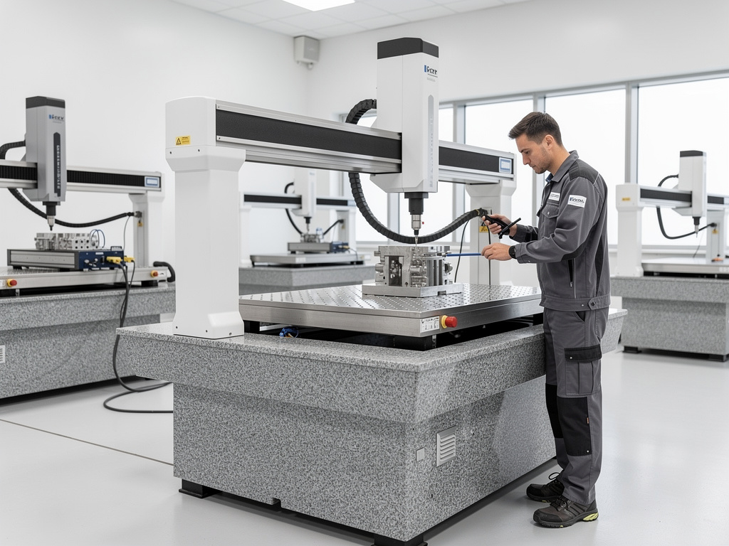 Técnico operando máquina de medición por coordenadas CMM en laboratorio de metrología industrial