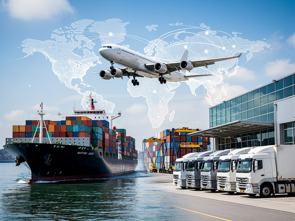 Logística global con buque de carga, avión, camiones y mapa mundial conectando rutas de transporte internacional Logística global con buque de carga, avión, camiones y mapa mundial conectando rutas de transporte internacional