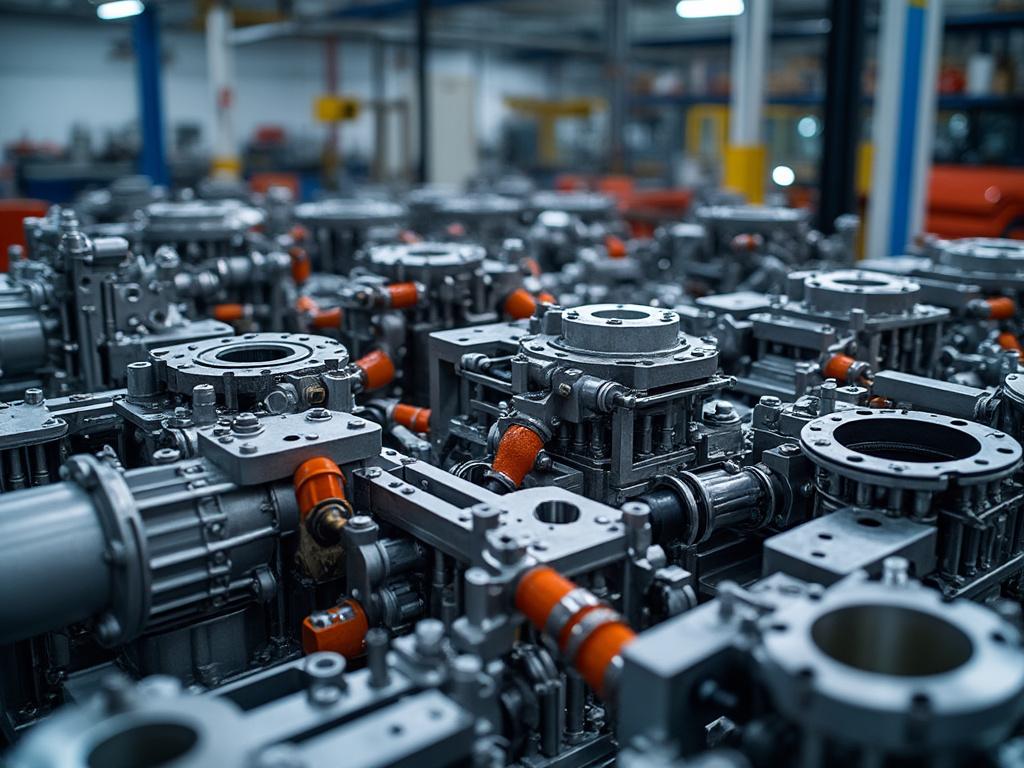 Gran cantidad de componentes mecánicos y engranajes industriales en una fábrica.