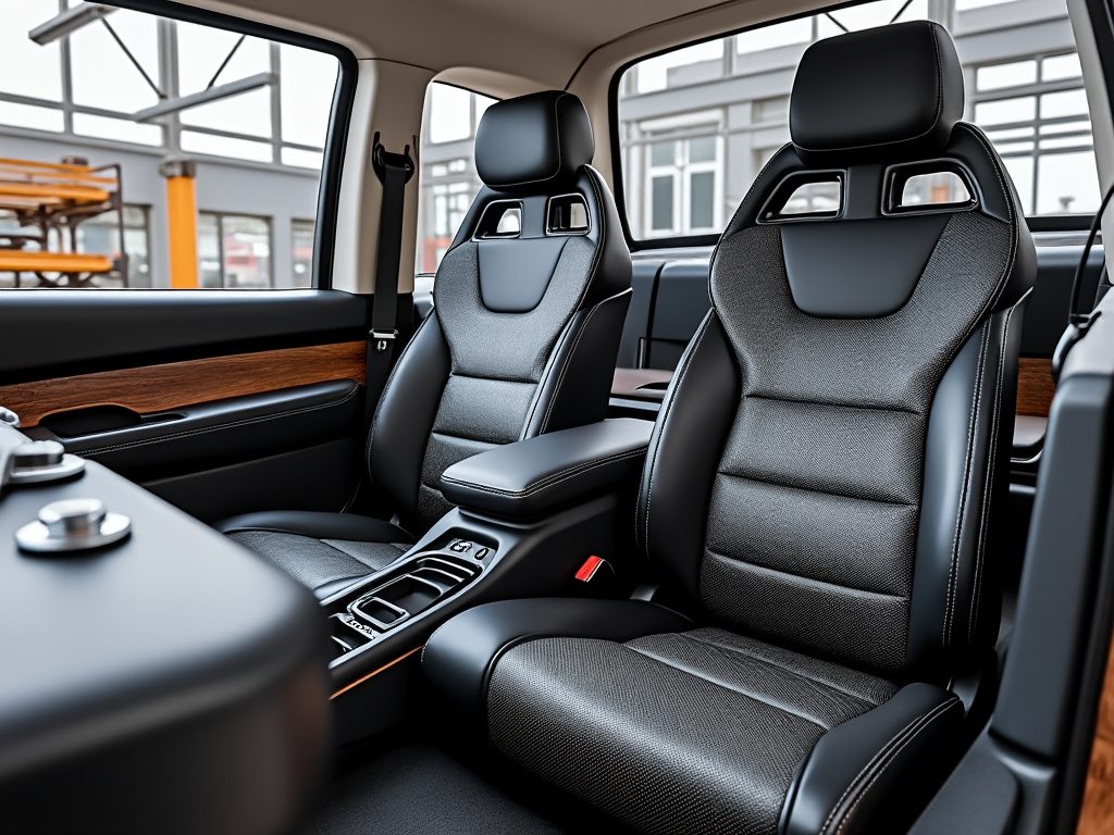 Luxury car interior with black leather seats and wood paneling.