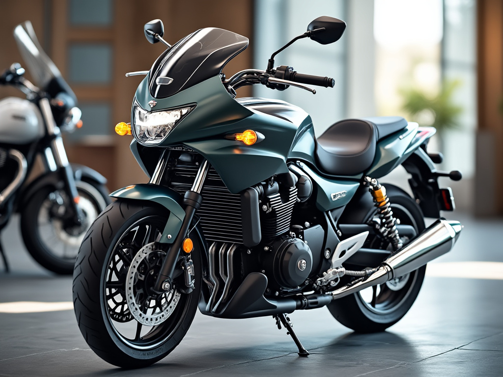 Motocicleta deportiva negra y azul metalizado en interior moderno con otra moto al fondo.