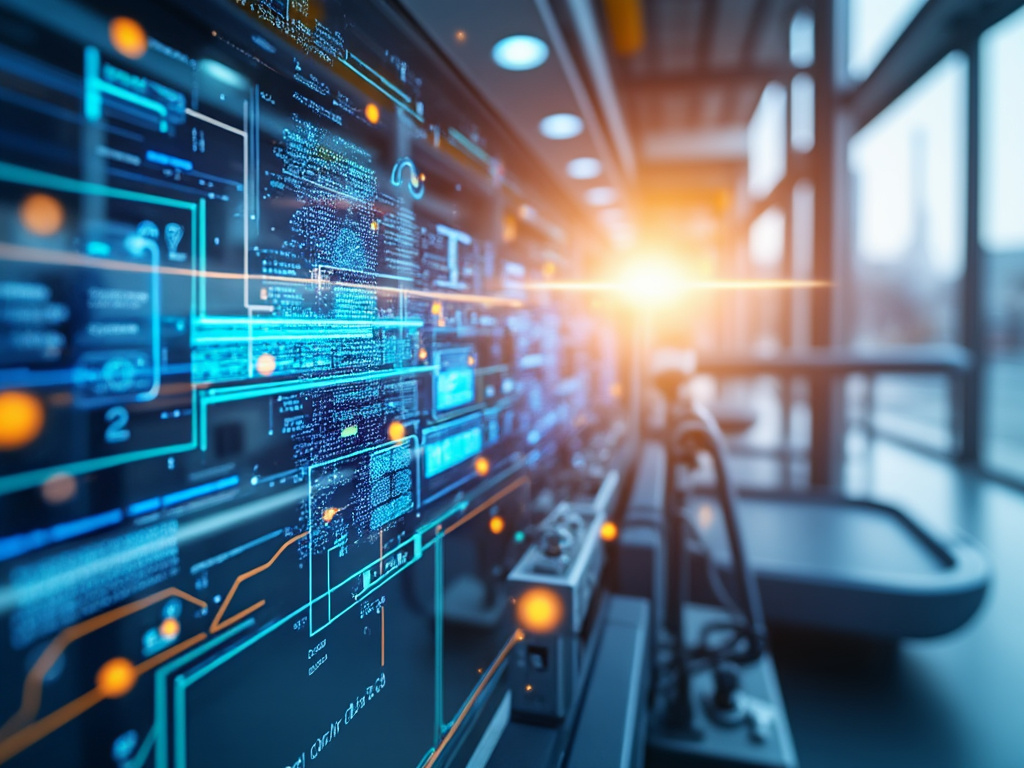 Pantallas con gráficos digitales y datos en un entorno tecnológico futurista con luz solar entrando a través de ventanas.