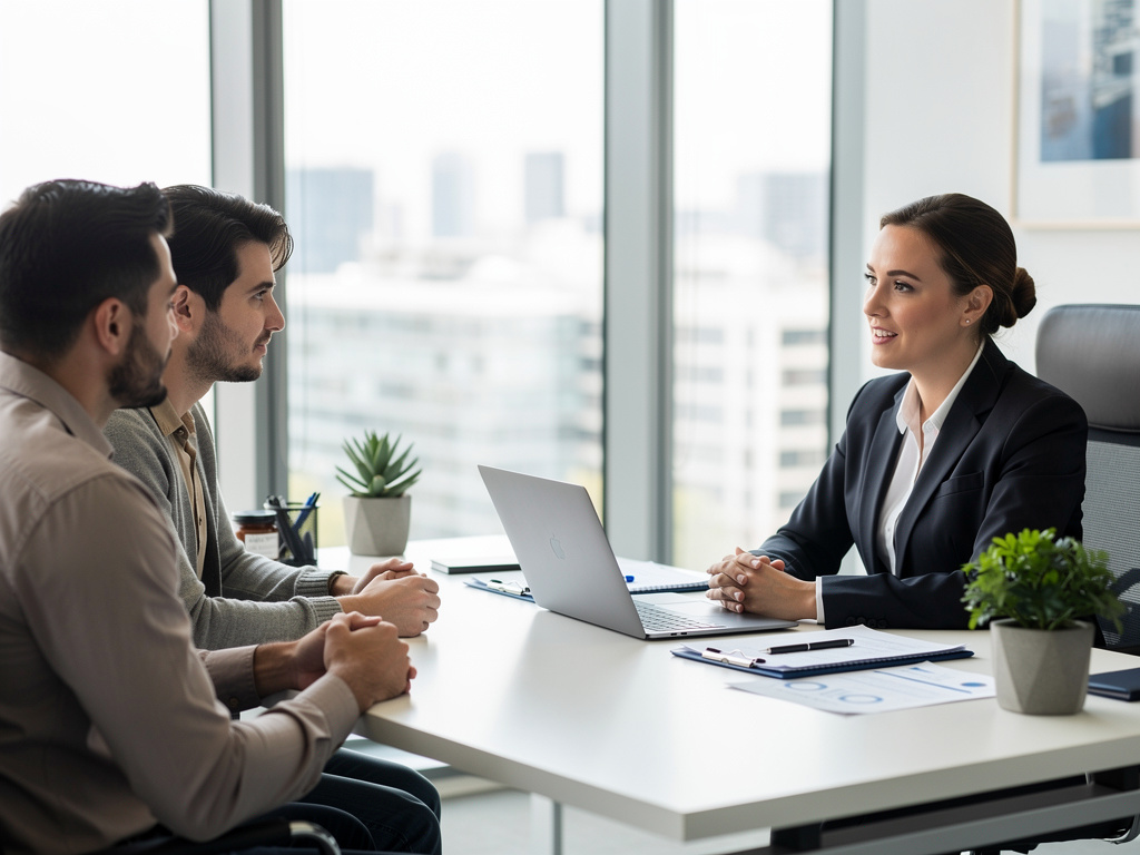 Reunión de negocios en oficina moderna con asesora y clientes frente a un portátil Reunión de negocios en oficina moderna con asesora y clientes frente a un portátil