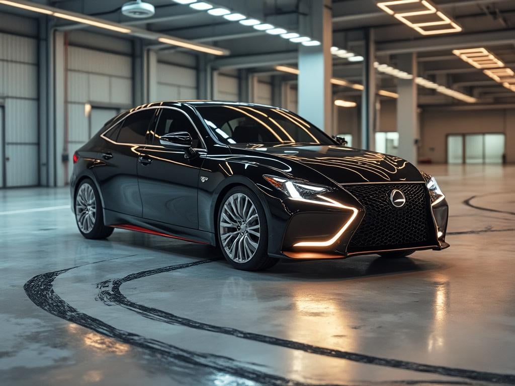 Coche Lexus negro con diseño moderno y líneas elegantes en garaje iluminado.