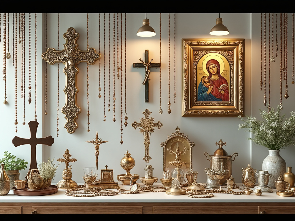 Altar con cruces doradas, icono religioso de la Virgen y el Niño, objetos litúrgicos y rosarios colgantes, iluminado por lámparas.