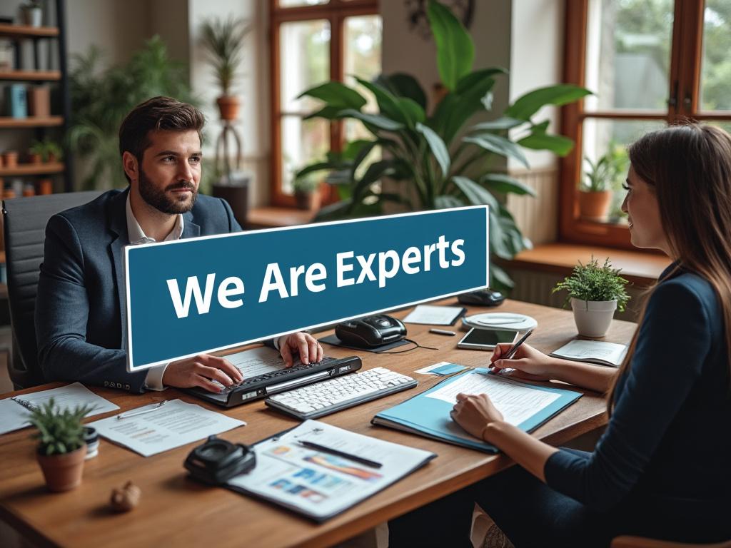 Dos personas en una oficina moderna discuten documentos en una mesa, rodeadas de plantas y luz natural. Un cartel dice 'We Are Experts'.