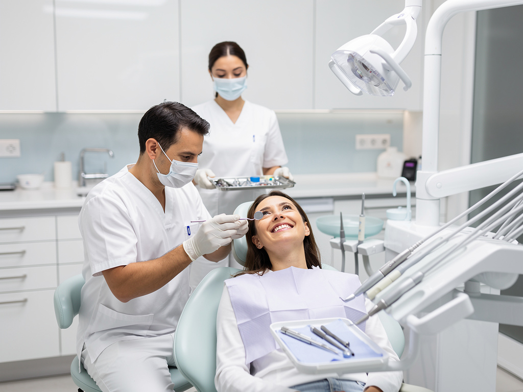 Dentista con mascarilla atendiendo a paciente sonriente en clínica dental moderna con asistente e instrumental odontológico
