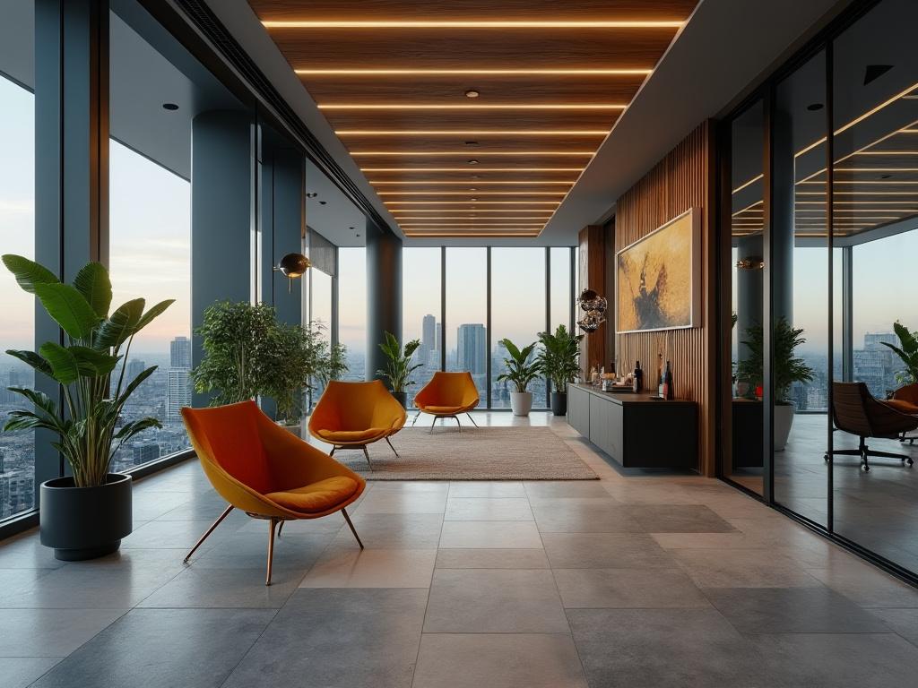 Lujoso interior de sala de estar moderna con grandes ventanales, plantas decorativas y sillones naranjas, con vista a la ciudad.