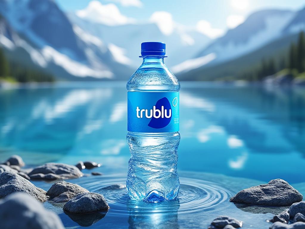 Bottle of Trublu water standing on rocks by a serene mountain lake with clear blue sky in the background.