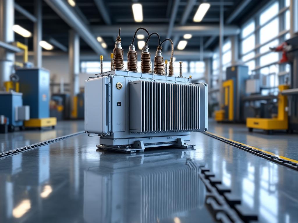 Industrial transformer in a modern factory setting with machinery and equipment in the background.