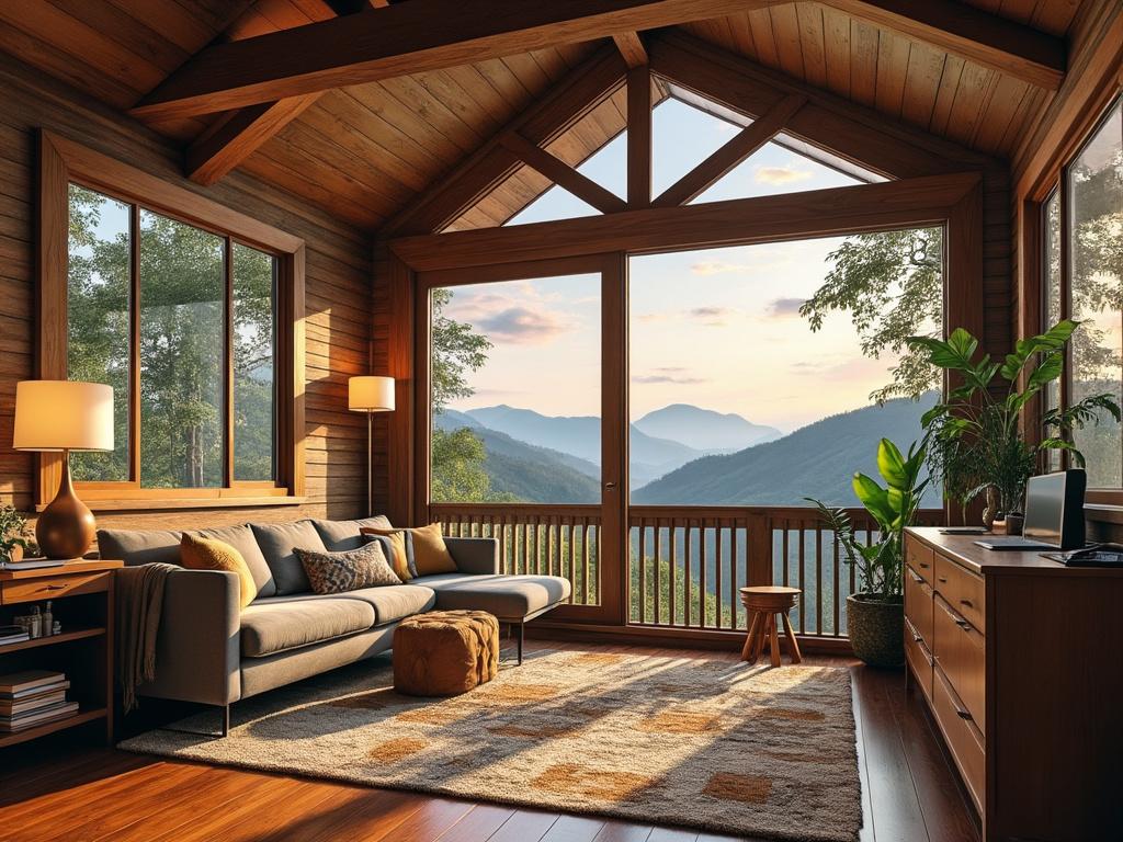 Cozy living room with wooden interior and large windows overlooking a scenic mountain view at sunset.