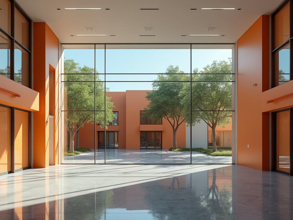 Vista interior de un edificio moderno con paredes naranjas y grandes ventanales, mostrando un patio exterior con árboles.