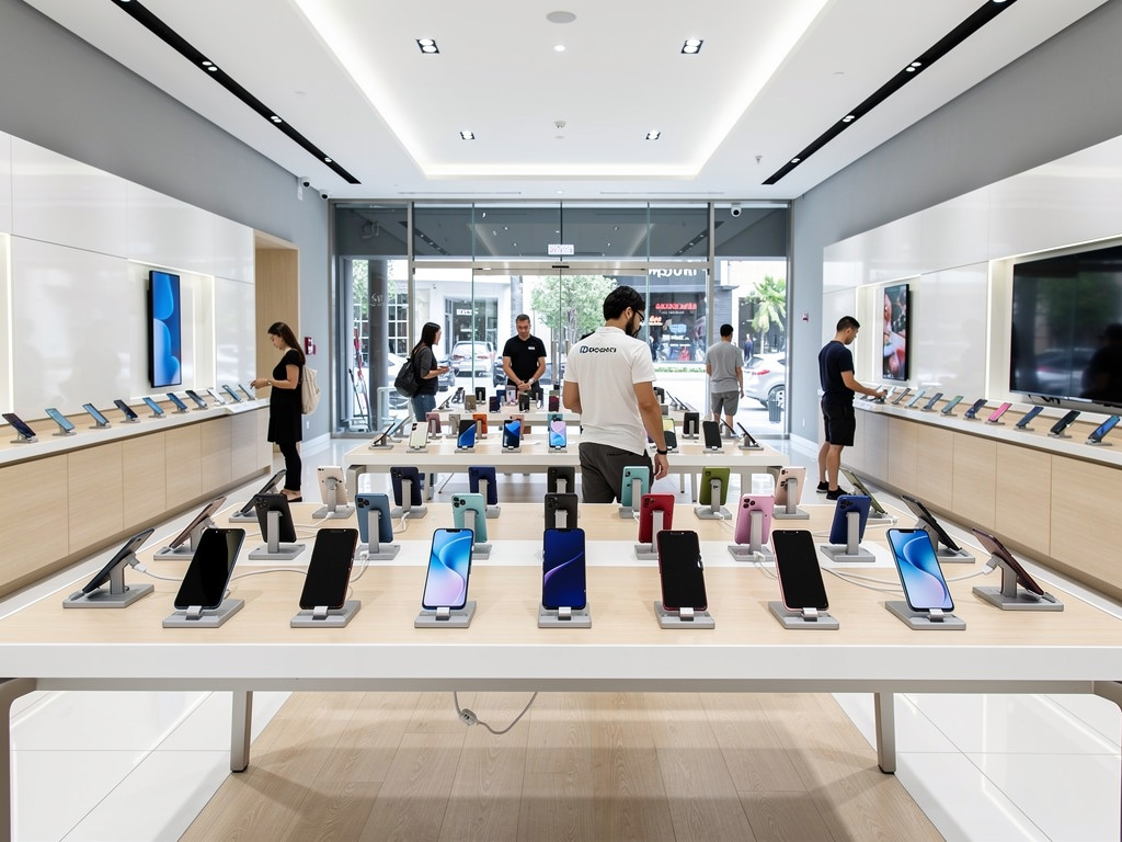 Interior de tienda Xiaomi moderna con smartphones en exhibición y clientes probando dispositivos móviles