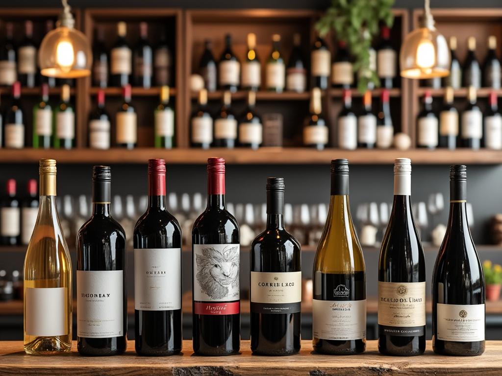 Botellas de vino variadas sobre una mesa de madera con estanterías de botellas de vino al fondo en una bodega iluminada.