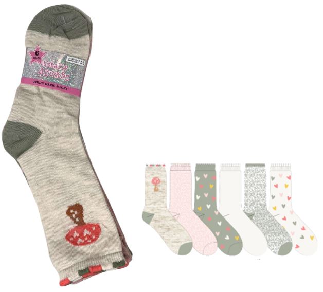 GZ1686-320-RKF-S
6PK CREW SOCKS FOR GIRL 4-6 TOTALLY ADORBS 
191153696155

GZ1686-320-RKF-M
6PK CREW SOCKS FOR GIRL 4-6 TOTALLY ADORBS 
191153696148

72 CS PACK
