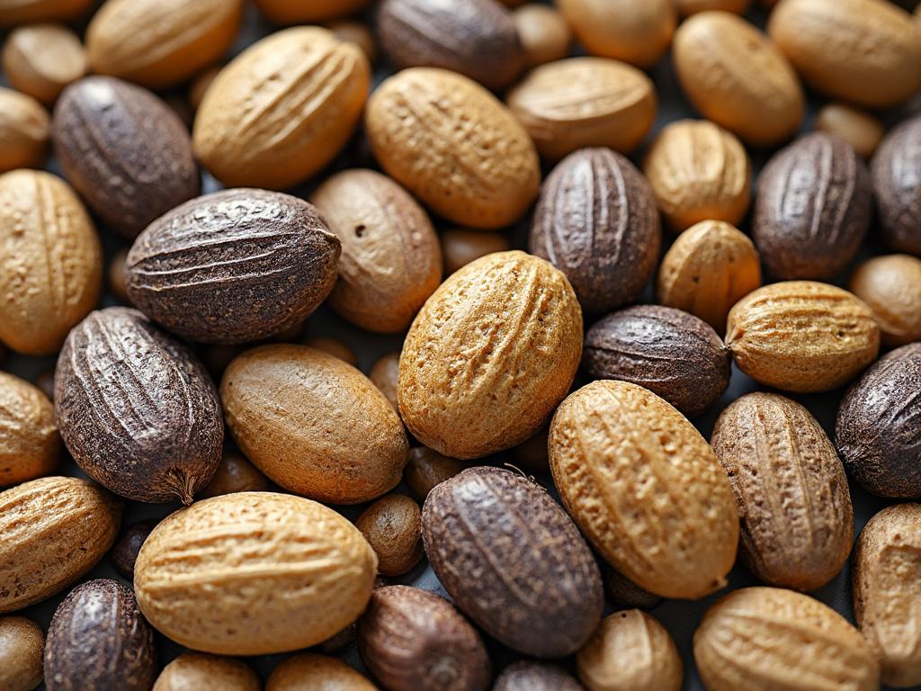 Vista cercana de nuez moscada con cáscara, mostrando diferentes tonos de marrón y textura rugosa.