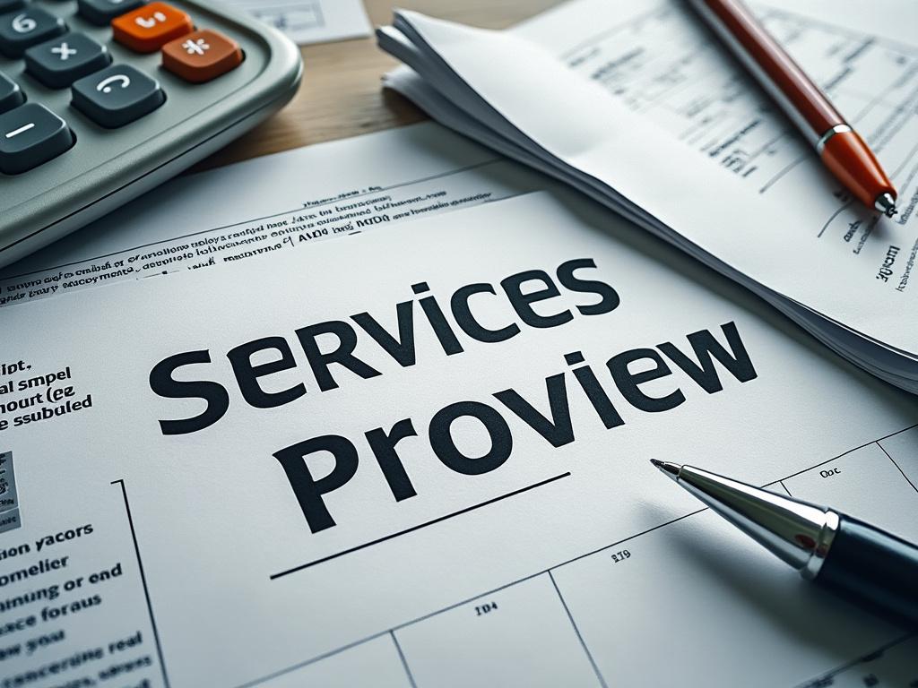 Primer plano de documentos con texto 'Servicios Previos', con bolígrafo y calculadora sobre la mesa.