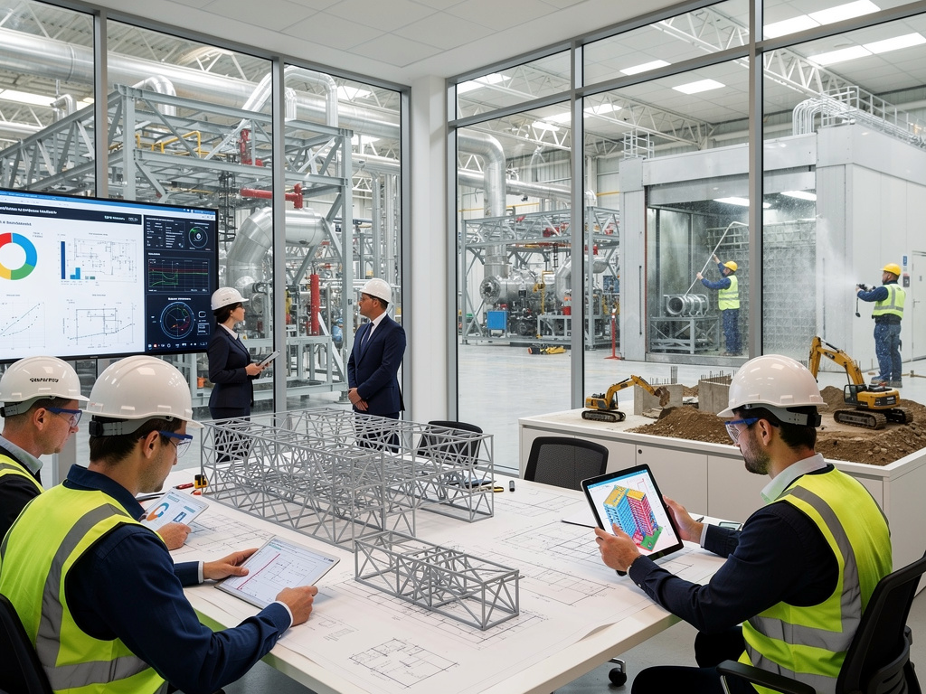 Ingenieros con cascos revisan planos y modelos 3D en sala de control de planta industrial moderna