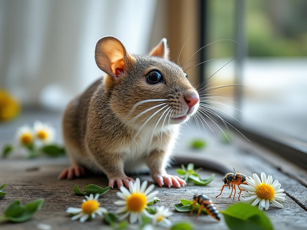 Pequeño ratón posando entre margaritas y una avispa en un día soleado.