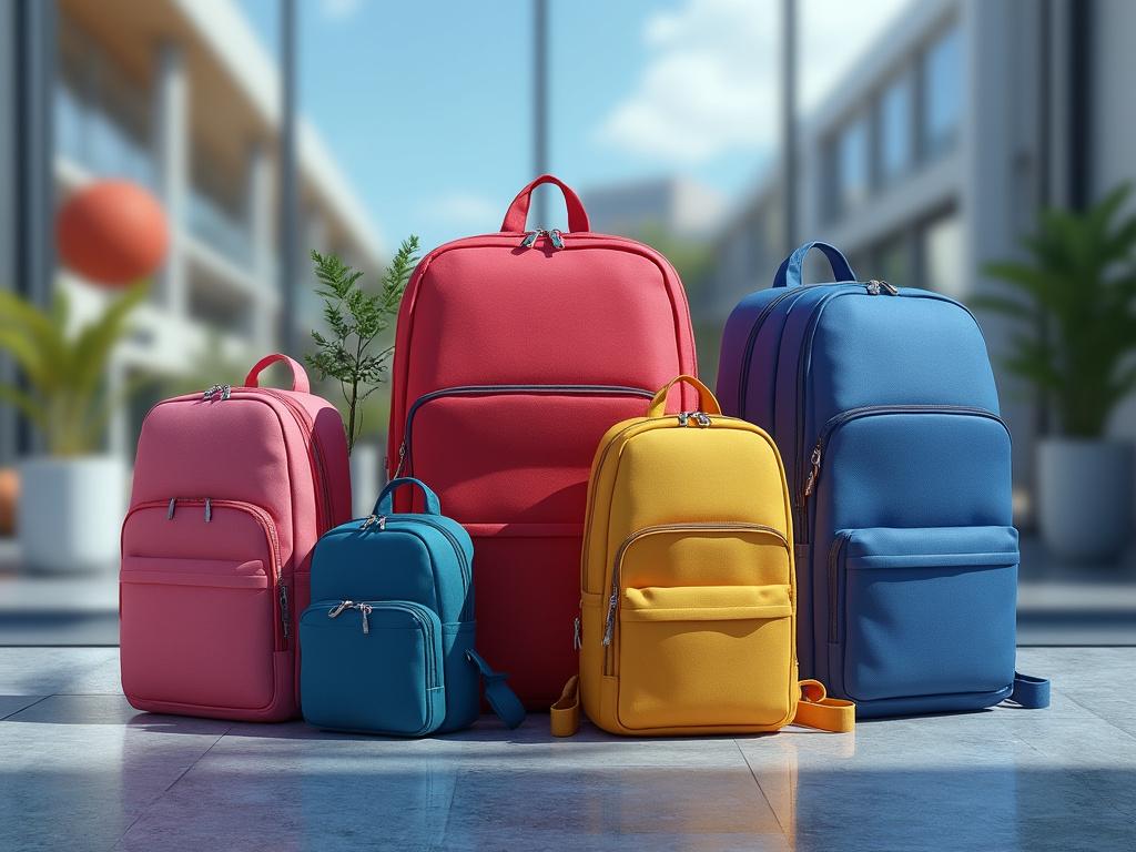 Conjunto de mochilas de colores vibrantes en un entorno de oficina moderna con plantas y edificio en el fondo.