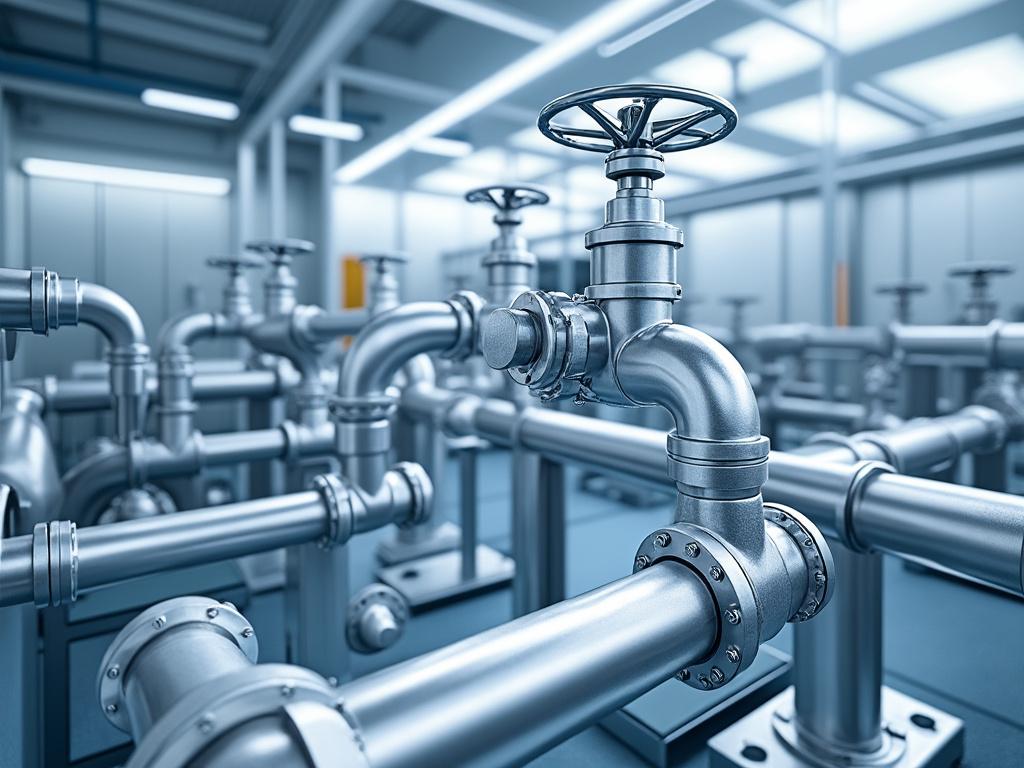 Complejo sistema de tuberías metálicas en una planta industrial moderna, fondo difuminado.