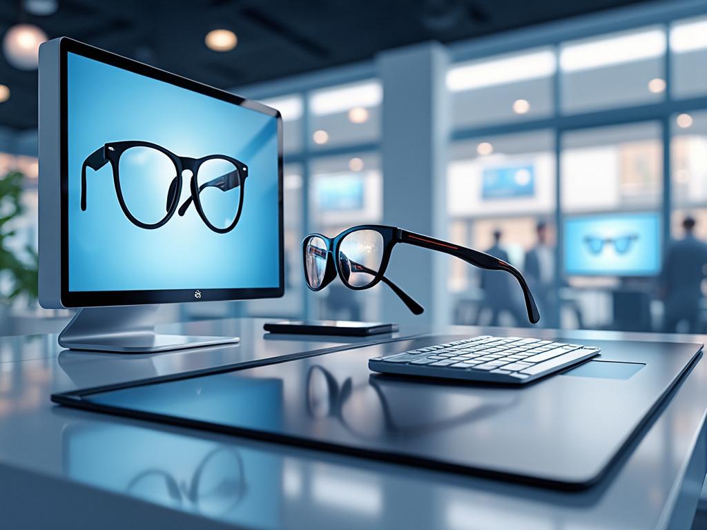 Configuración moderna de oficina con gafas frente a un monitor que muestra una imagen de gafas, teclado y laptop en un escritorio.