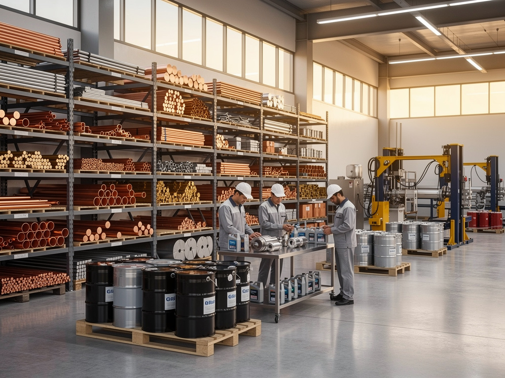 Almacén industrial con estanterías de tubos metálicos, bidones de aceite y operarios revisando piezas en fábrica