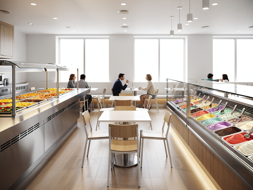 Cafetería moderna y luminosa con barra de comida caliente, vitrina de helados de colores y clientes sentados en mesas