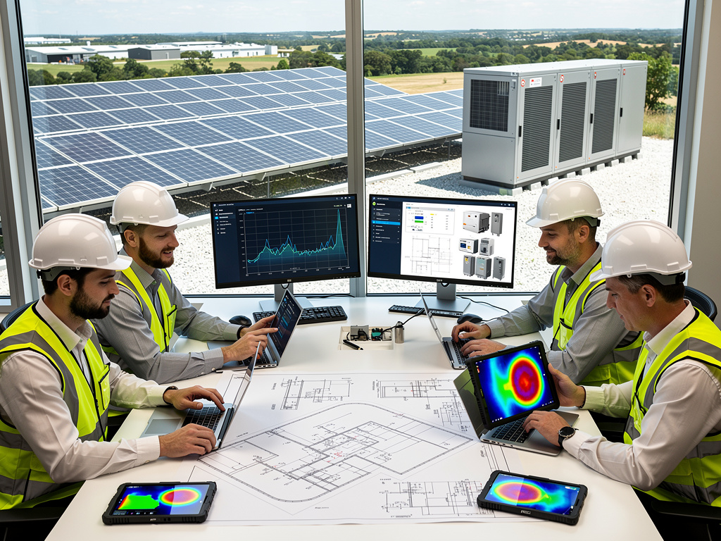 Engineers in hard hats reviewing solar panel system plans with monitoring software and thermal imaging
Engineers in hard hats reviewing solar panel system plans with monitoring software and thermal imaging