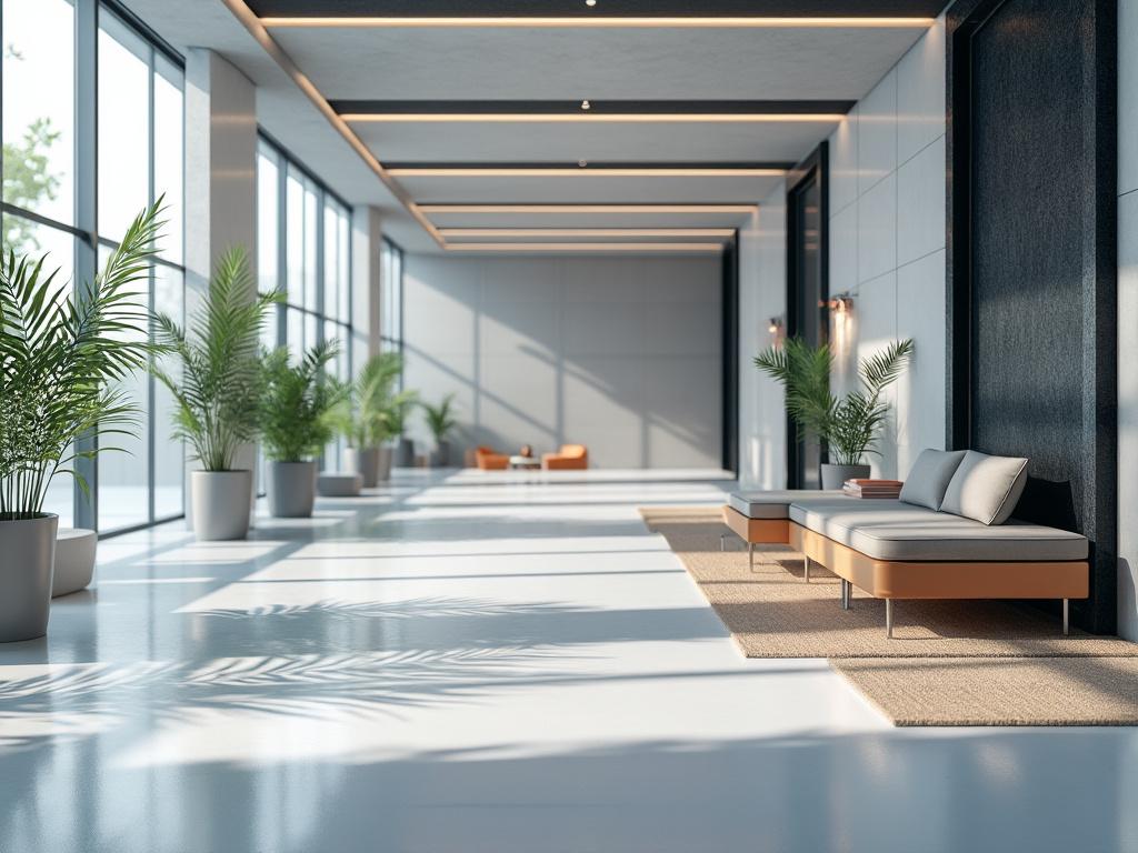 Moderno vestíbulo con sofás minimalistas, plantas ornamentales y grandes ventanales que permiten la entrada de luz natural.