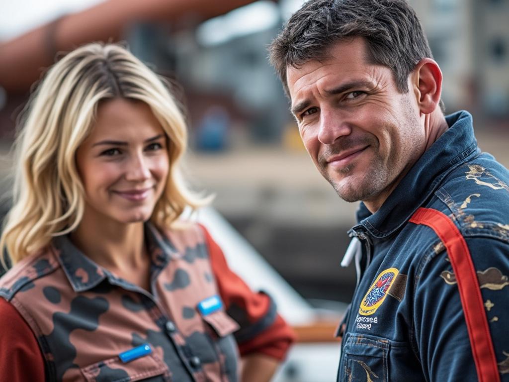 Two people smiling, wearing patterned shirts, standing outdoors with a blurred background.