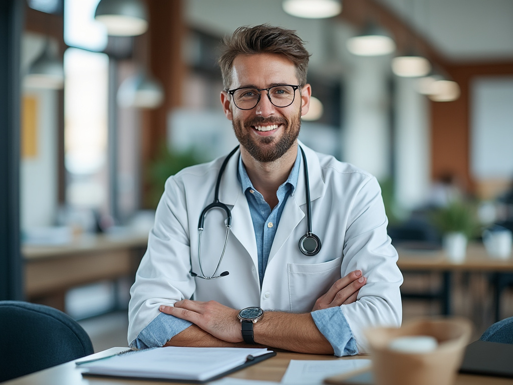 Médico sonriente con bata blanca y estetoscopio en oficina moderna.