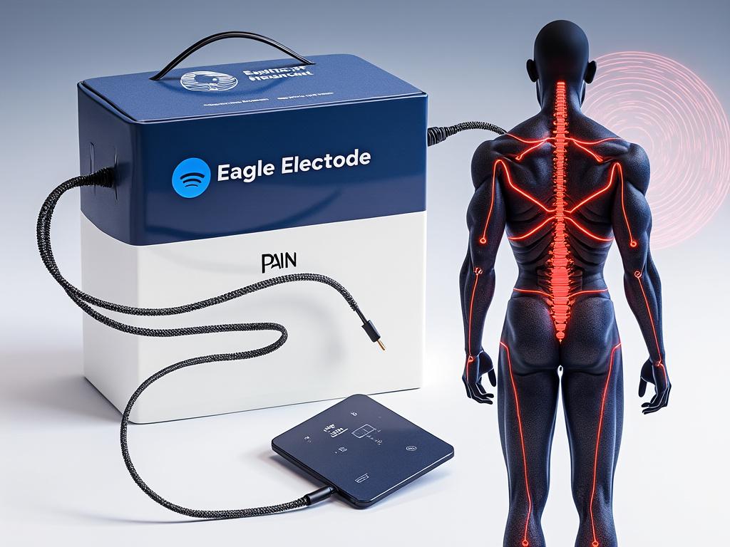 Medical device with branding 'Eagle Electrode' and 'Pain', connected to a digital display and a human figure showing illuminated spine and nerves, indicating pain relief technology.