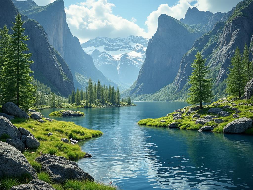 Paisaje montañoso con lago cristalino, árboles verdes y montañas nevadas al fondo bajo un cielo azul con nubes.