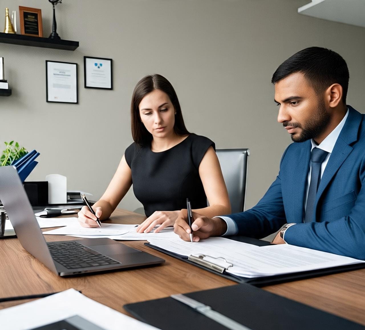 Médico joven con bata blanca y estetoscopio sostiene cartel de reclutamiento en oficina moderna.