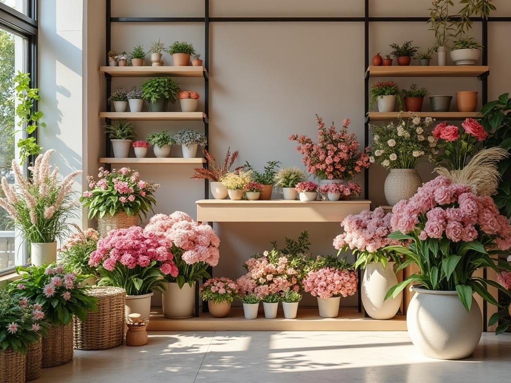 Estante de pared con macetas de diversas plantas y flores en una sala iluminada por el sol. Estante de pared con macetas de diversas plantas y flores en una sala iluminada por el sol.