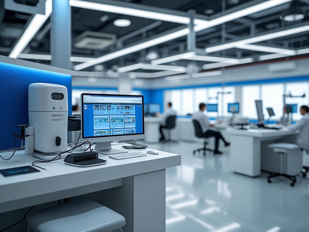 Oficina moderna con computadoras, monitores y empleados trabajando en escritorios.