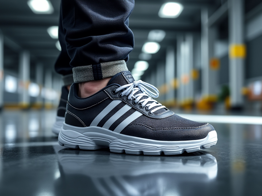 Zapatillas deportivas negras con rayas blancas en un entorno moderno e iluminado.