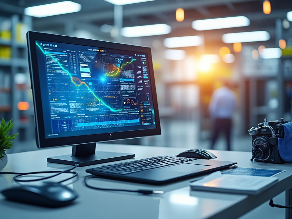 Oficina moderna con pantalla de computadora mostrando gráficos de datos, teclado, ratón y cámara sobre la mesa.