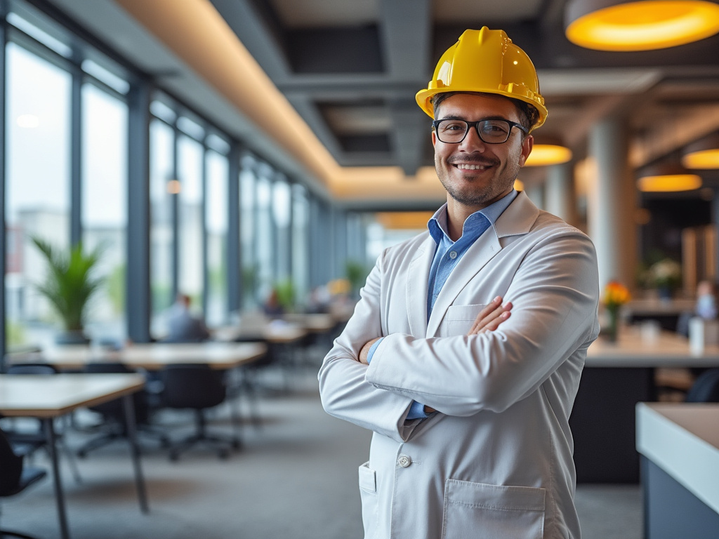 Persona con casco de construcción amarillo y bata blanca, sonriendo en una oficina moderna con ventanas grandes y plantas decorativas.