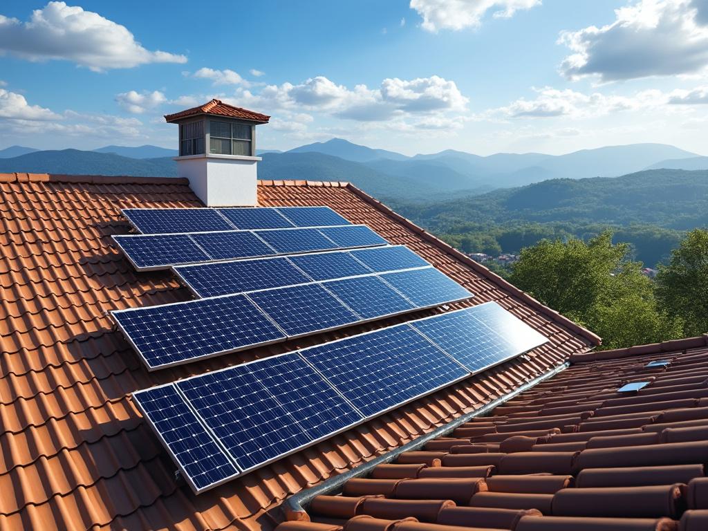 Paneles solares instalados en un techo de tejas rojas con paisaje montañoso de fondo y cielo azul.