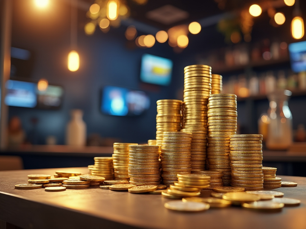 Stacks of gold coins on a wooden table in a warmly lit room, blurred background with hanging lights and shelves.