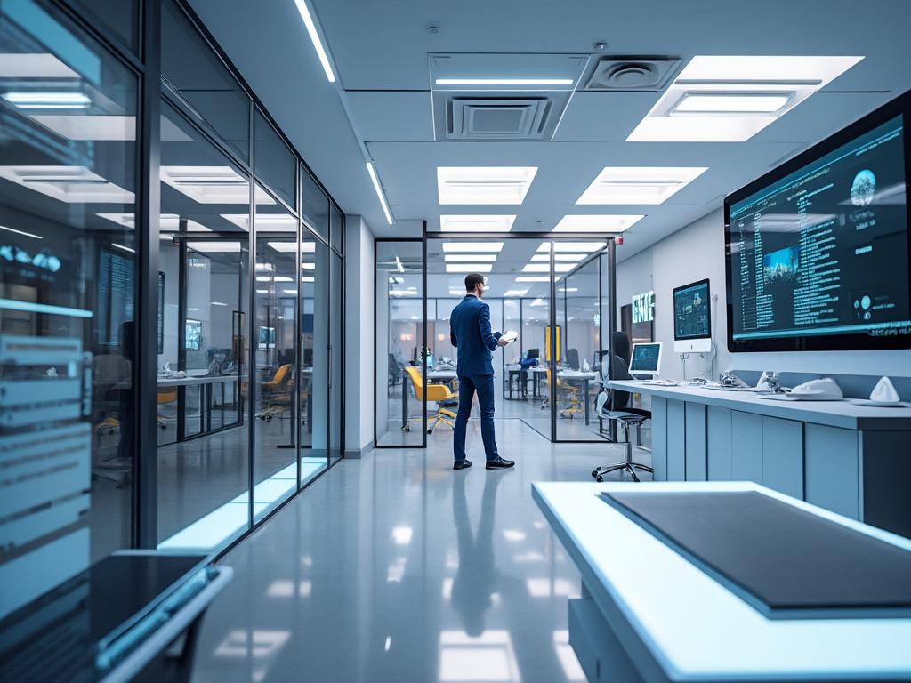Modern laboratory with glass walls, digital screens, and a man in a suit analyzing data.