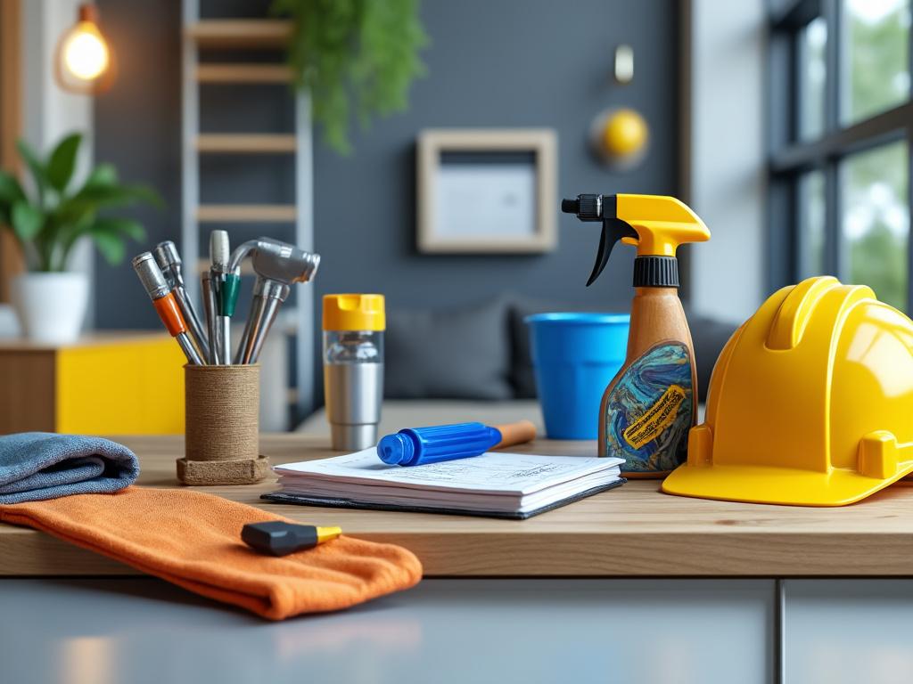 Herramientas y equipo de limpieza en una mesa de madera, incluyendo casco de seguridad amarillo, rociador, pañuelos y herramientas de escritura.